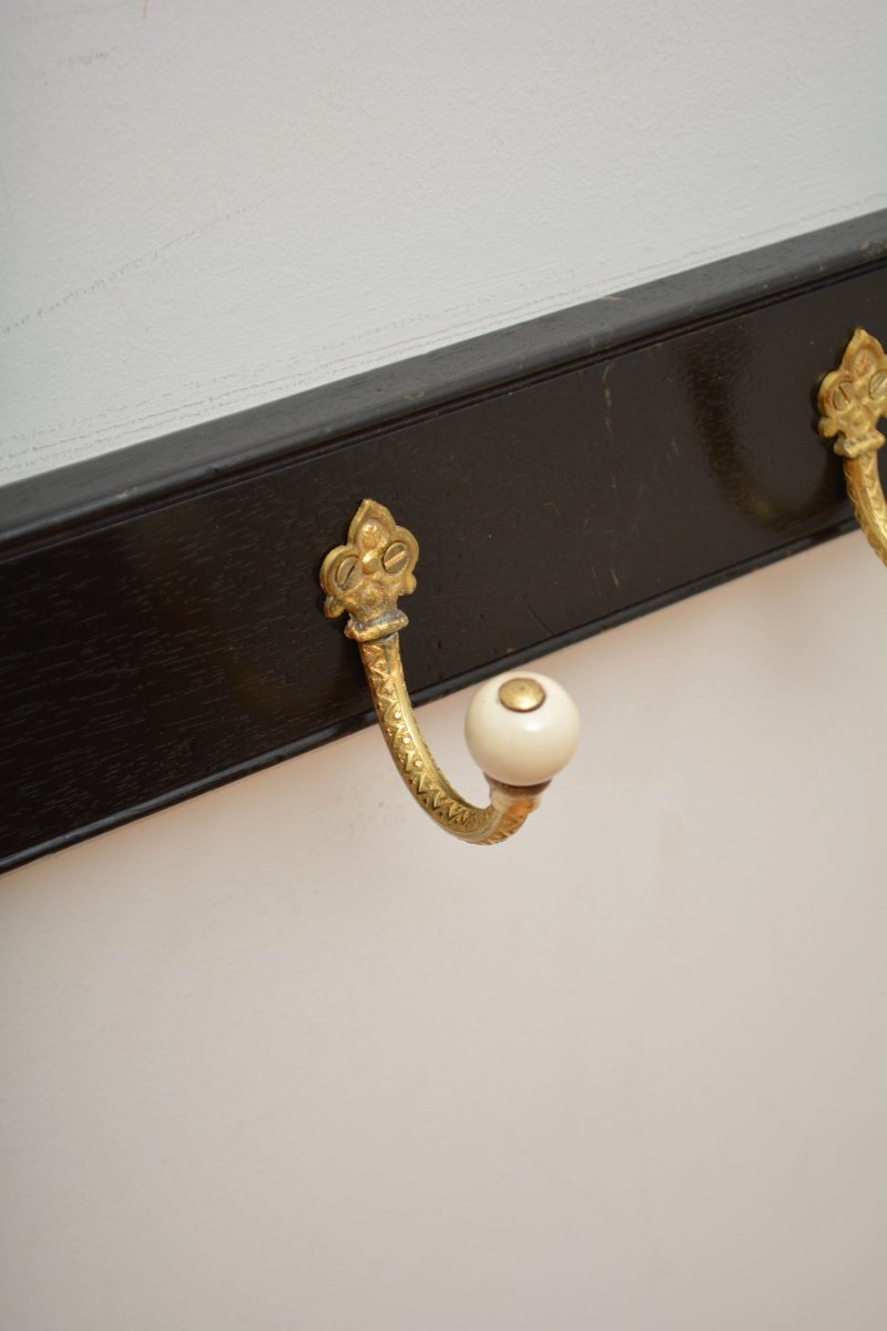 Pair Of Antique Victorian Ebonised Brass And Ceramic Coat Rack Coat Hooks - Image 8